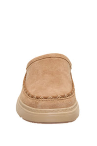 A single tan suede slip-on shoe shown from the back against a plain white background.