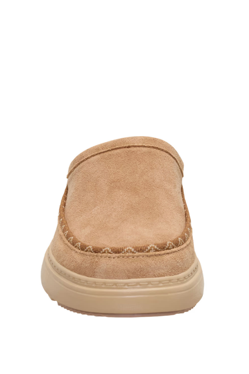 A single tan suede slip-on shoe shown from the back against a plain white background.