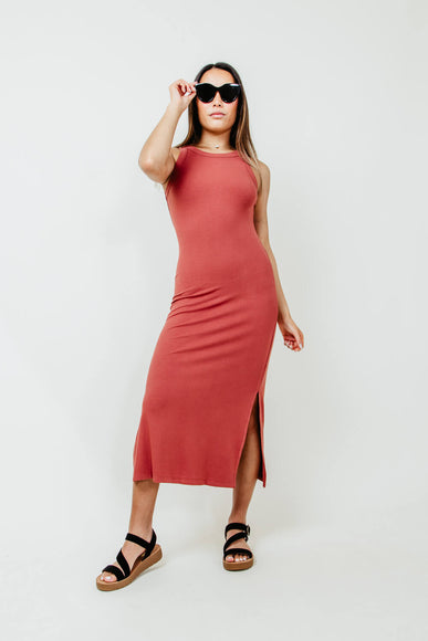 Ribbed Side Slit Maxi Tank Dress for Women in Red