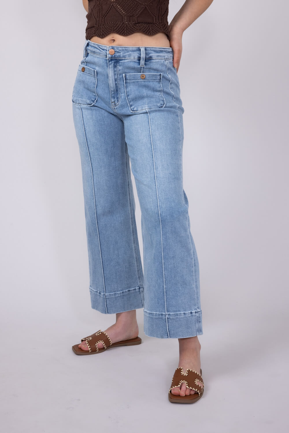 Risen Jeans High Rise Crop Wide Leg Exposed Stitch Jeans for Women