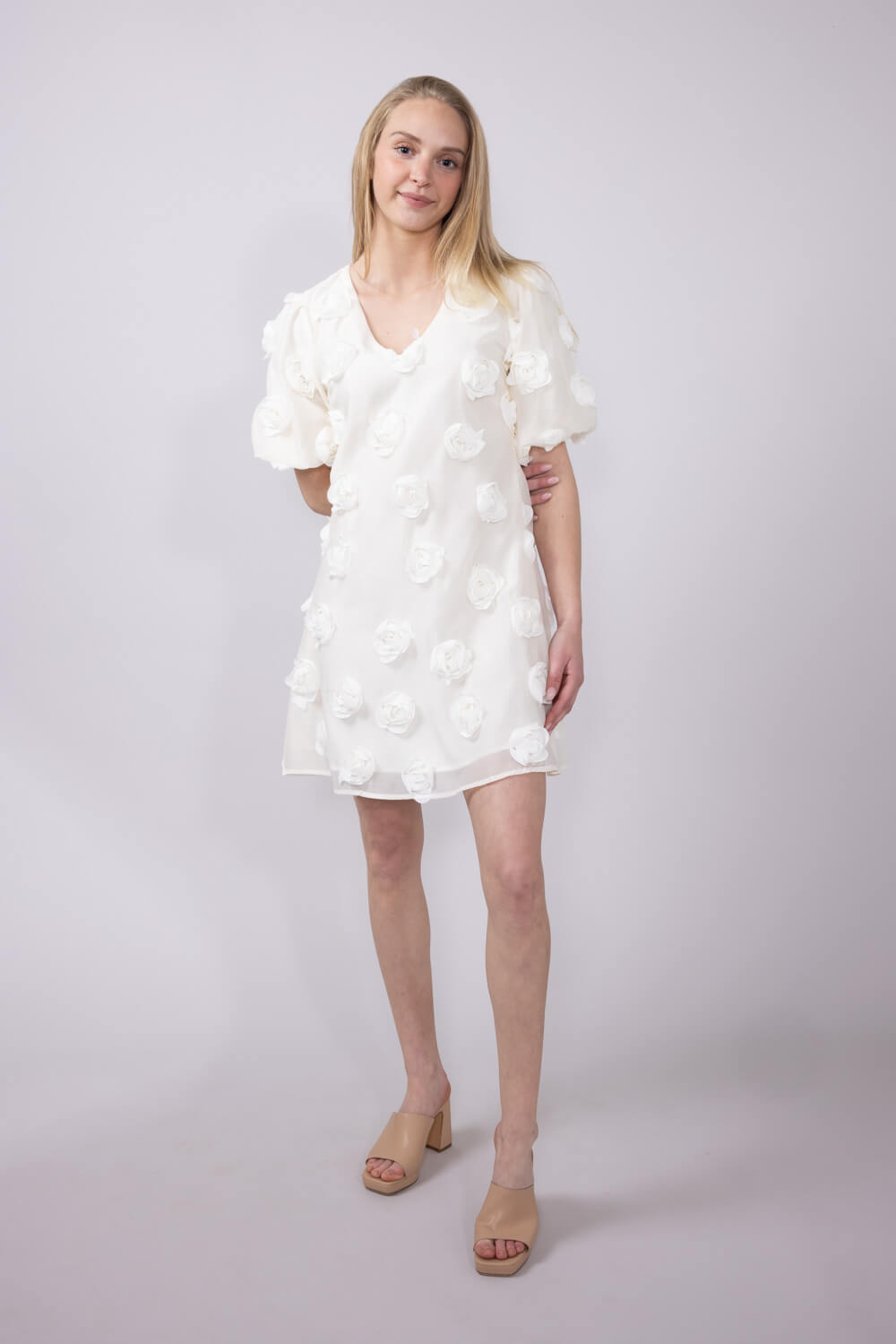 Rokoko Roset V-Neck Puff Sleeves Dress for Women in White