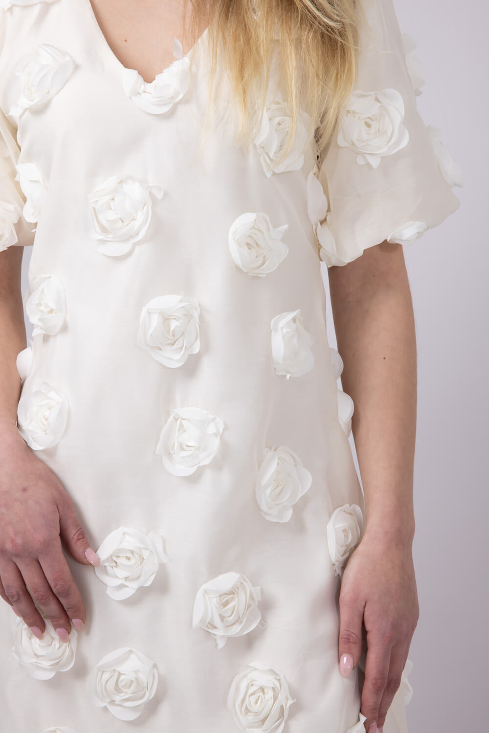 Rokoko Roset V-Neck Puff Sleeves Dress for Women in White