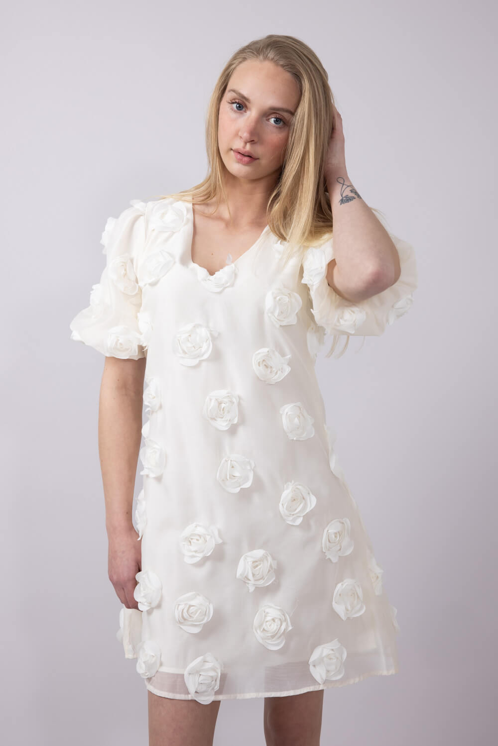 Rokoko Roset V-Neck Puff Sleeves Dress for Women in White