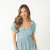 Ruched Front Smocked Back Puff Sleeve Dress for Women in Sage Green