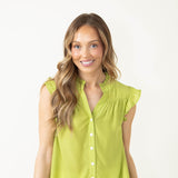 Ruffled Shoulder Button Front Top for Women in Lime Green
