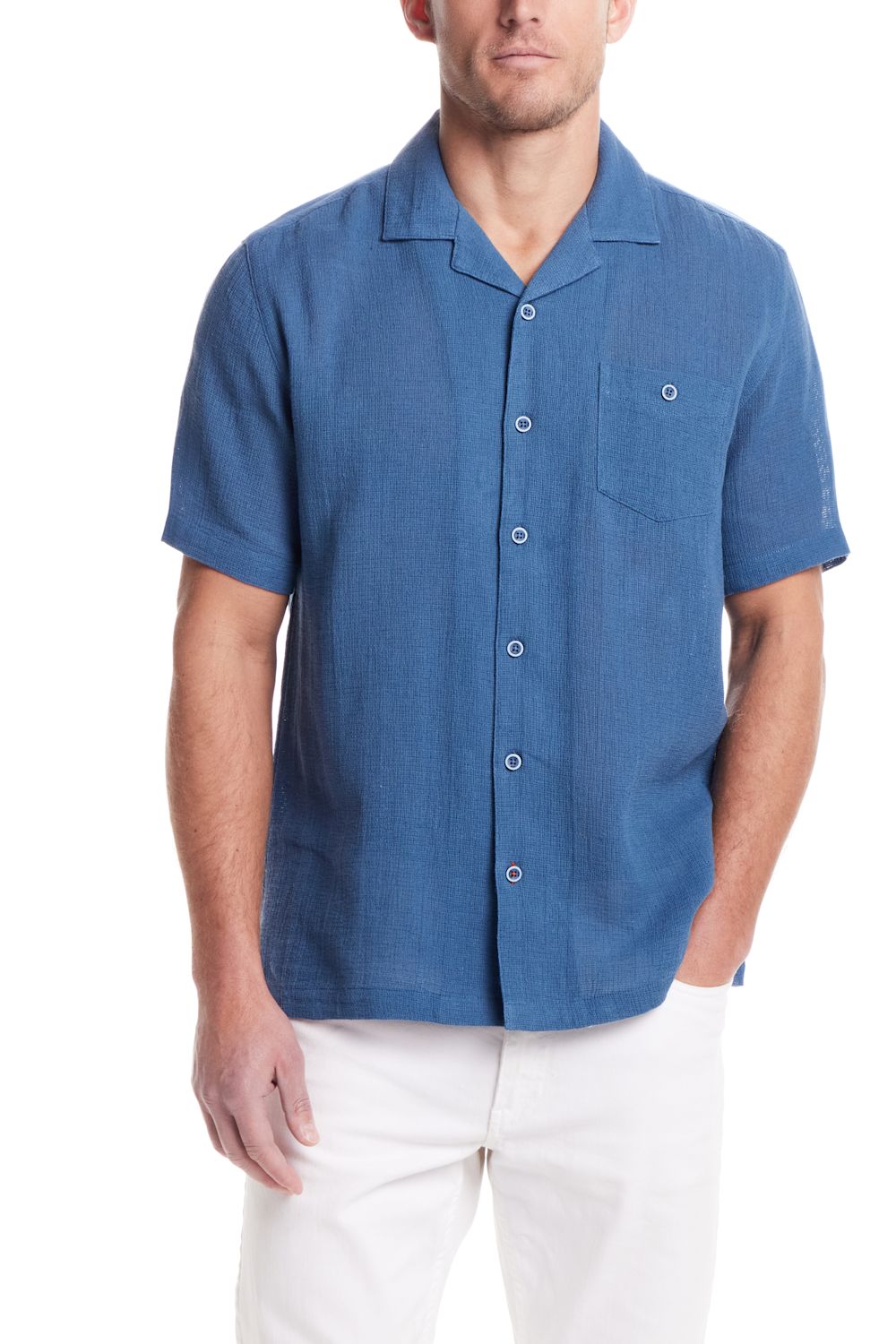 Weatherproof Vintage Cotton Airtex Shirt for Men in Blue Ashes; Man wearing a blue short-sleeve shirt with a collar on a white background