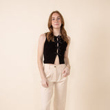 Satin Bow Detail Ribbed Crop Tank Top for Women in Black