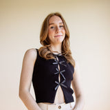 Satin Bow Detail Ribbed Crop Tank Top for Women in Black
