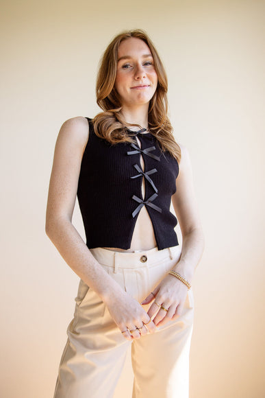 Satin Bow Detail Ribbed Crop Tank Top for Women in Black