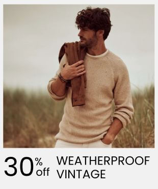 A promotional graphic of a man wearing a beige knit sweater stands outdoors in a grassy field, holding a brown jacket over his shoulder. Text at the bottom reads 30% off WEATHERPROOF VINTAGE