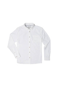 A white long-sleeve button-down shirt with a pointed collar and a single chest pocket, laid flat against a white background.