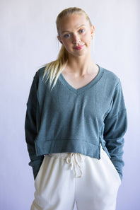 Simply Southern V-Neck Crop Pullover Top for Women in Jade