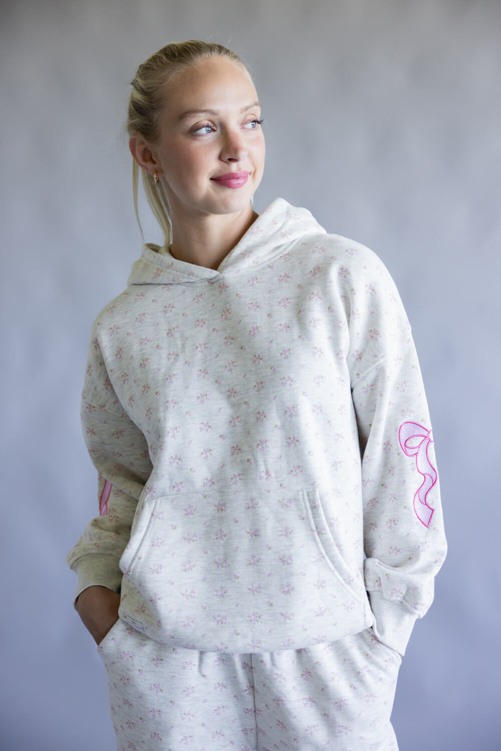  Simply Southern Alice Bow Floral Hoodie for Women in Gray