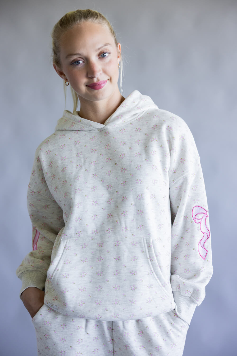  Simply Southern Alice Bow Floral Hoodie for Women in Gray