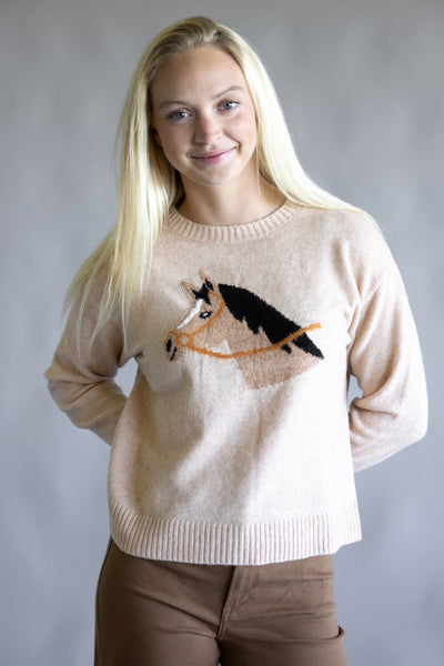Simply Southern Anastasia Horse Crew Neck Sweater for Women in Tan