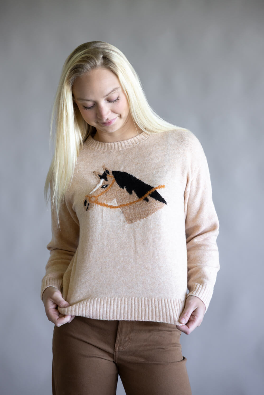 Simply Southern Anastasia Horse Crew Neck Sweater for Women in Tan