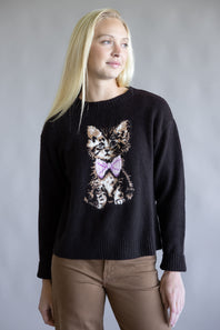 Simply Southern Anastasia Kitty Crew Neck Sweater for Women in Black