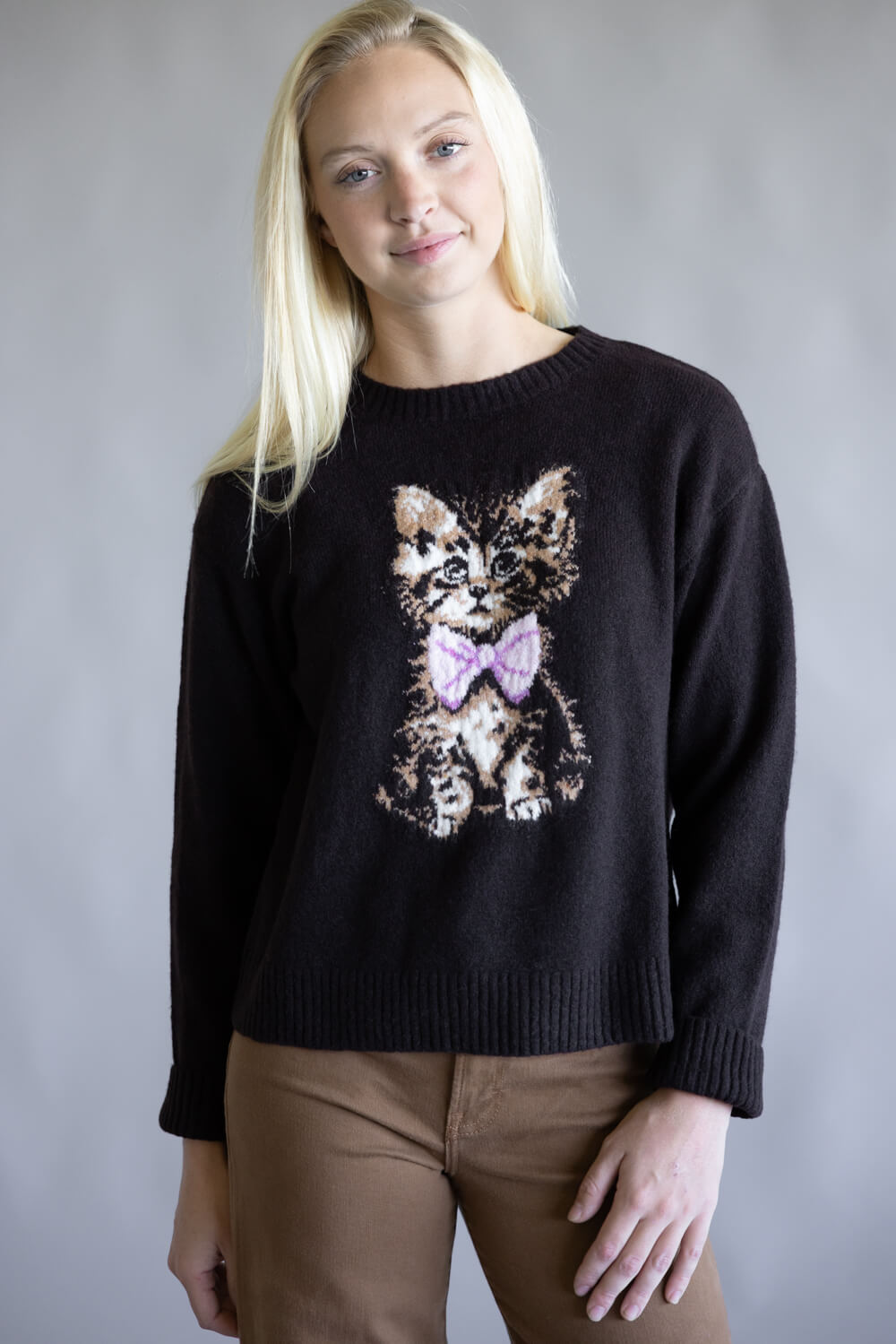 Simply Southern Anastasia Kitty Crew Neck Sweater for Women in Black