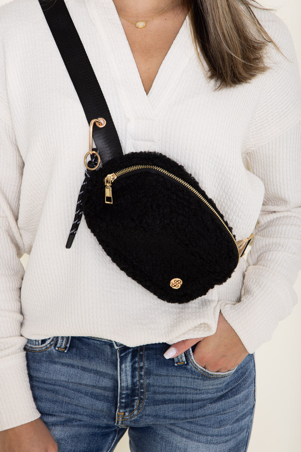 Simply Southern Sherpa Belt Bag for Women in Black