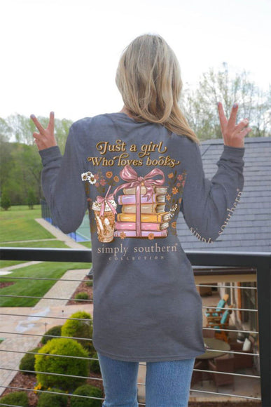 Simply Southern Long Sleeve Books T-Shirt for Women in Charcoal Heather