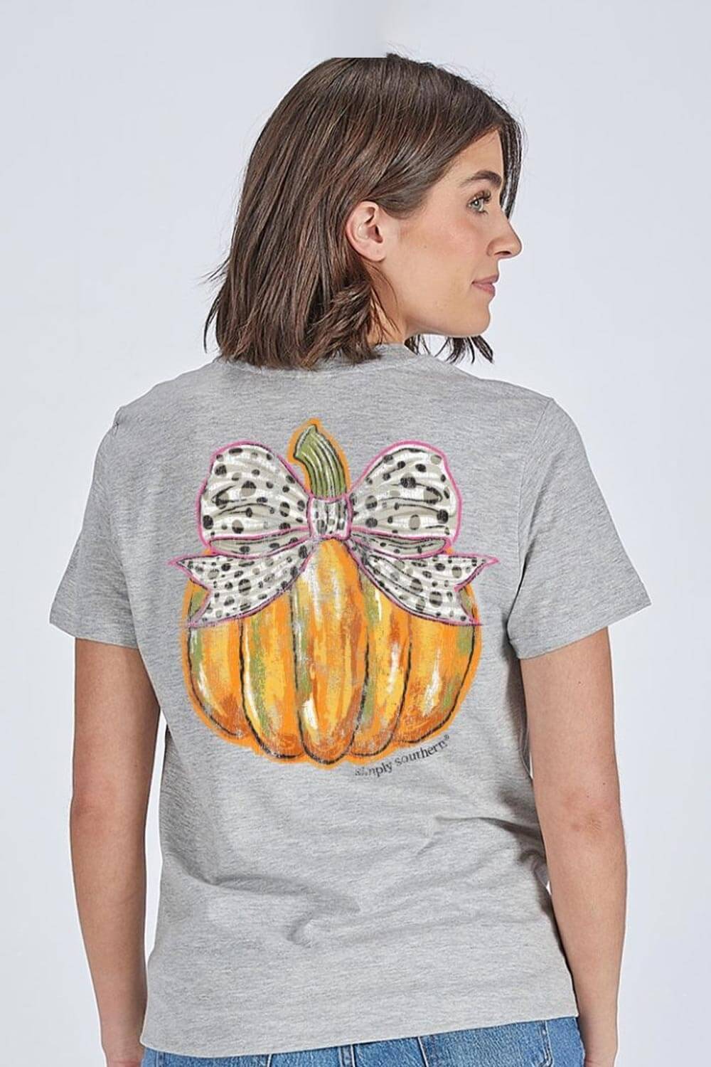 Simply Southern Bow Pumpkin T-Shirt for Women in Grey