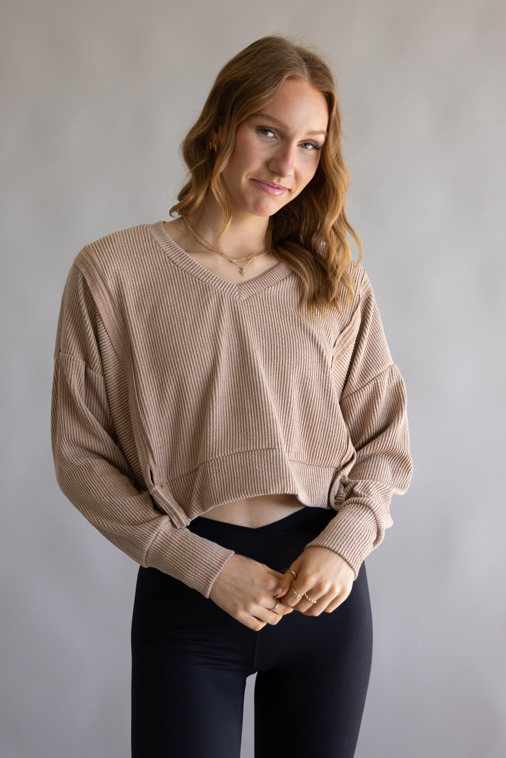 Simply Southern V-Neck Crop Pullover Top for Women in Umber Tan