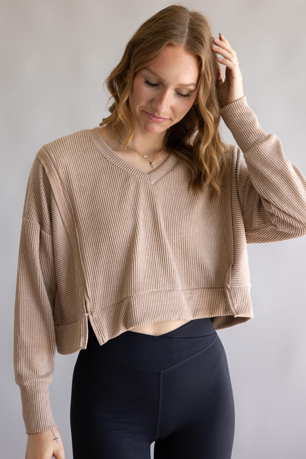 Simply Southern V-Neck Crop Pullover Top for Women in Umber Tan