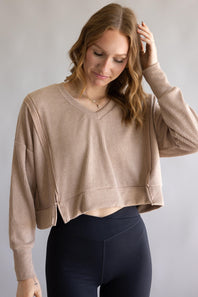 Simply Southern V-Neck Crop Pullover Top for Women in Umber Tan