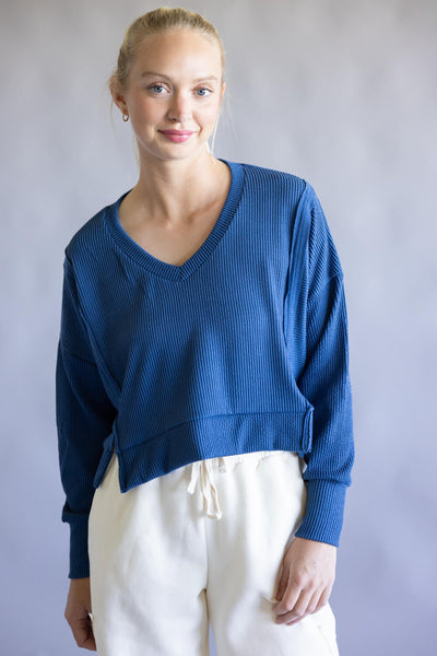Simply Southern V-Neck Crop Pullover Top for Women in Dark Blue
