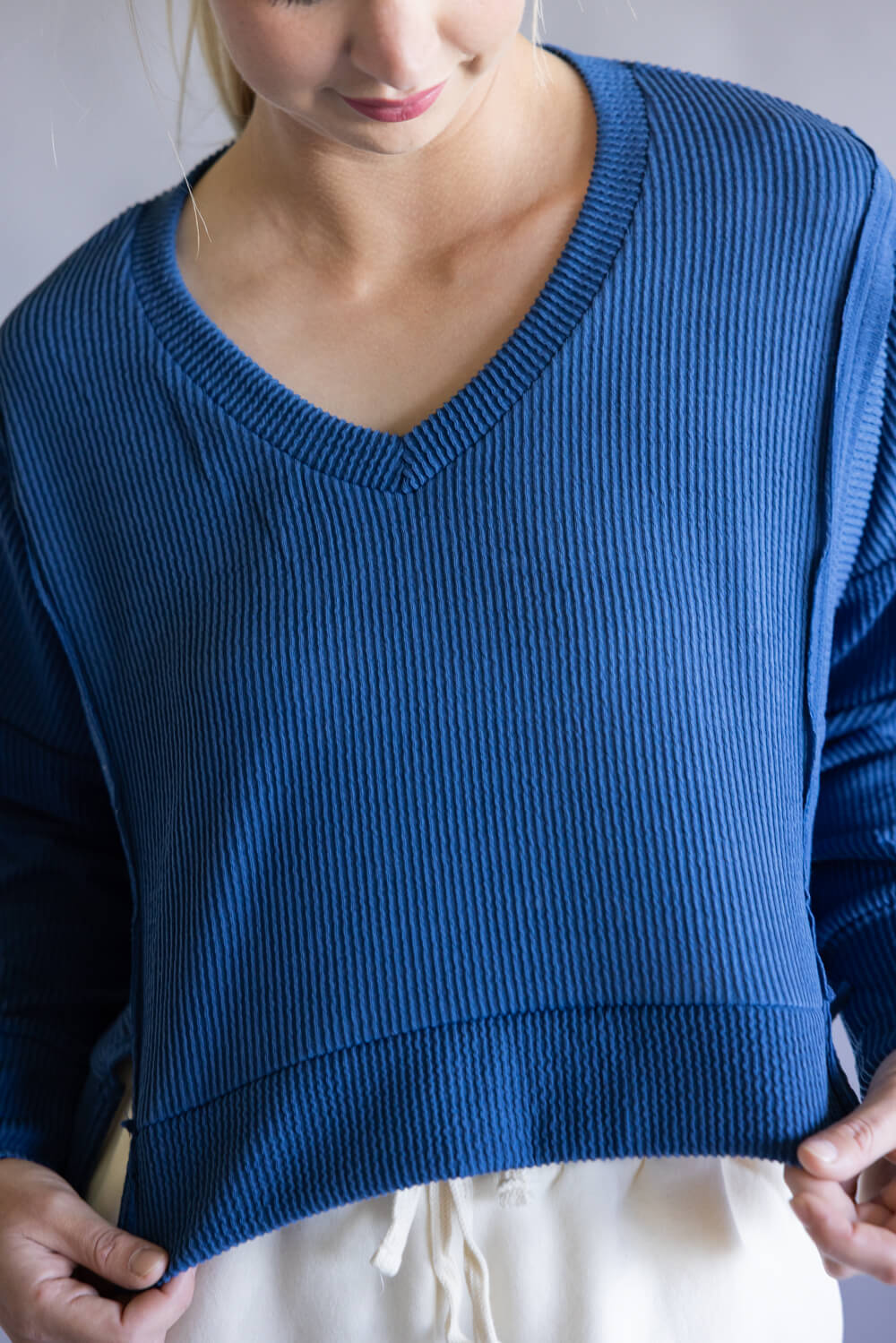 Simply Southern V-Neck Crop Pullover Top for Women in Dark Blue