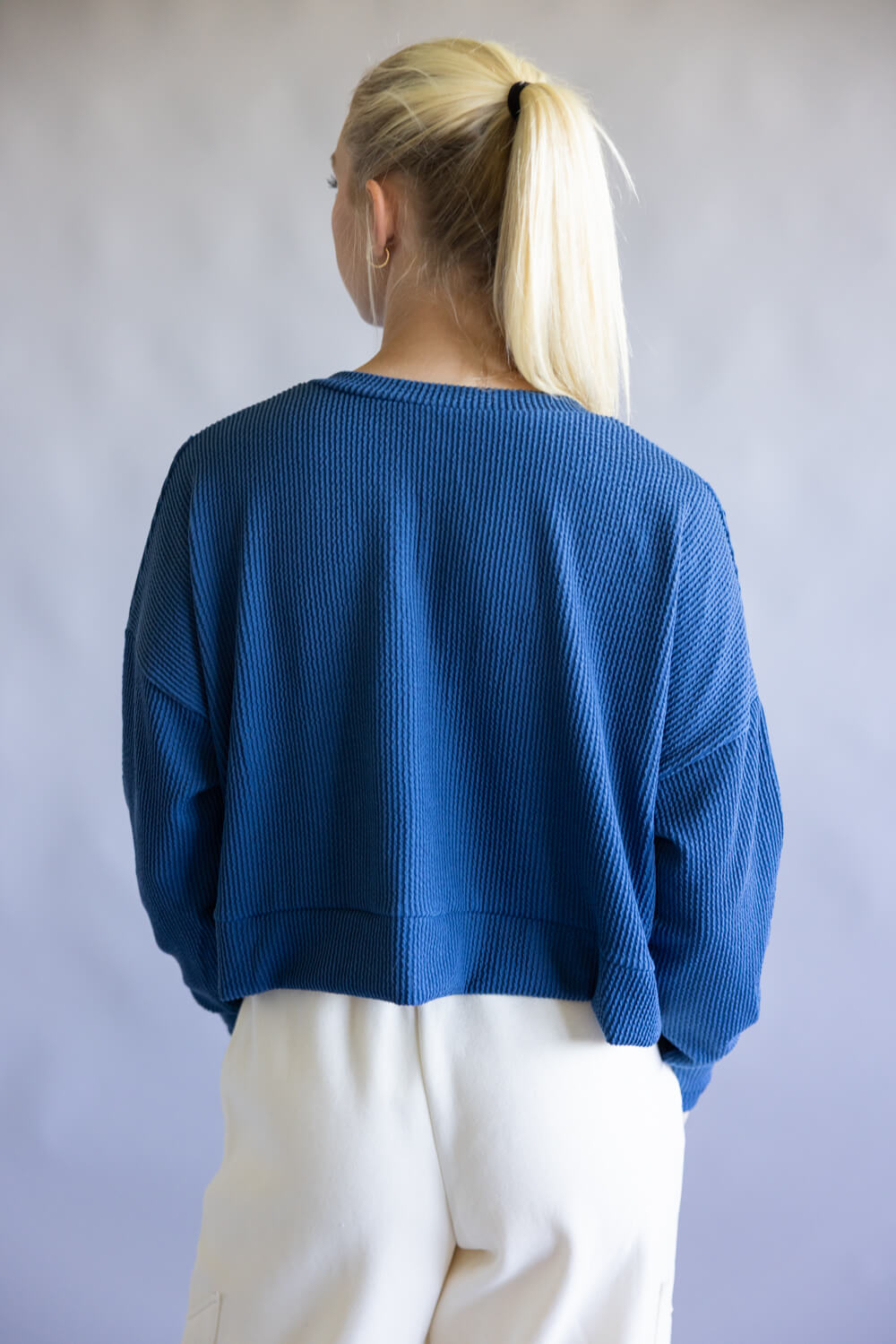 Simply Southern V-Neck Crop Pullover Top for Women in Dark Blue