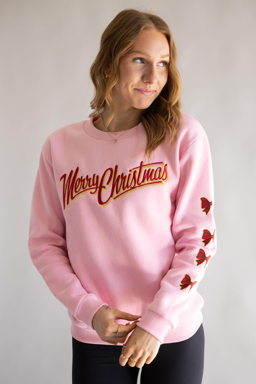 Simply Southern Embroidered Holiday Bow Sweatshirt for Women in Pink