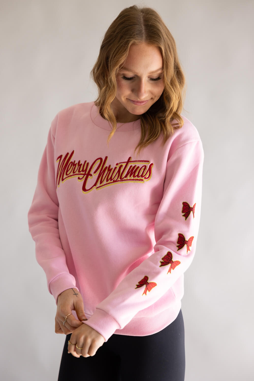 Simply Southern Embroidered Holiday Bow Sweatshirt for Women in Pink