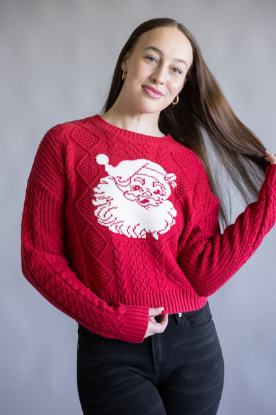 Simply Southern Santa Face Crop Sweater for Women in Red