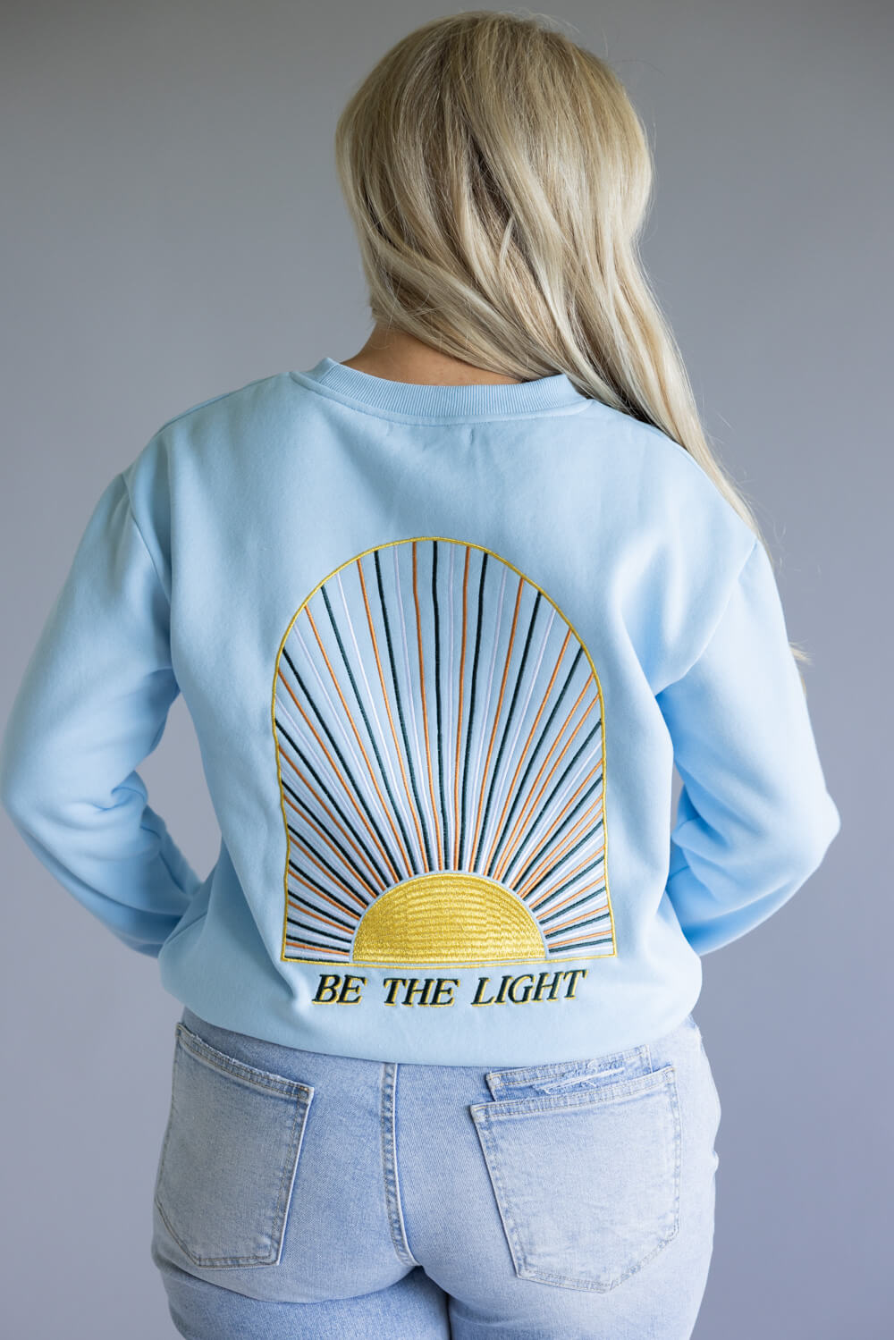 Womens Simply Southern Embroidered Dilara Be The Light Crewneck for Women in Light Blue