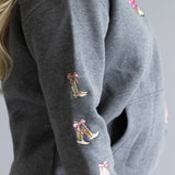 Simply Southern Embroidered Dilara Boots Hoodie for Women in Charcoal Grey