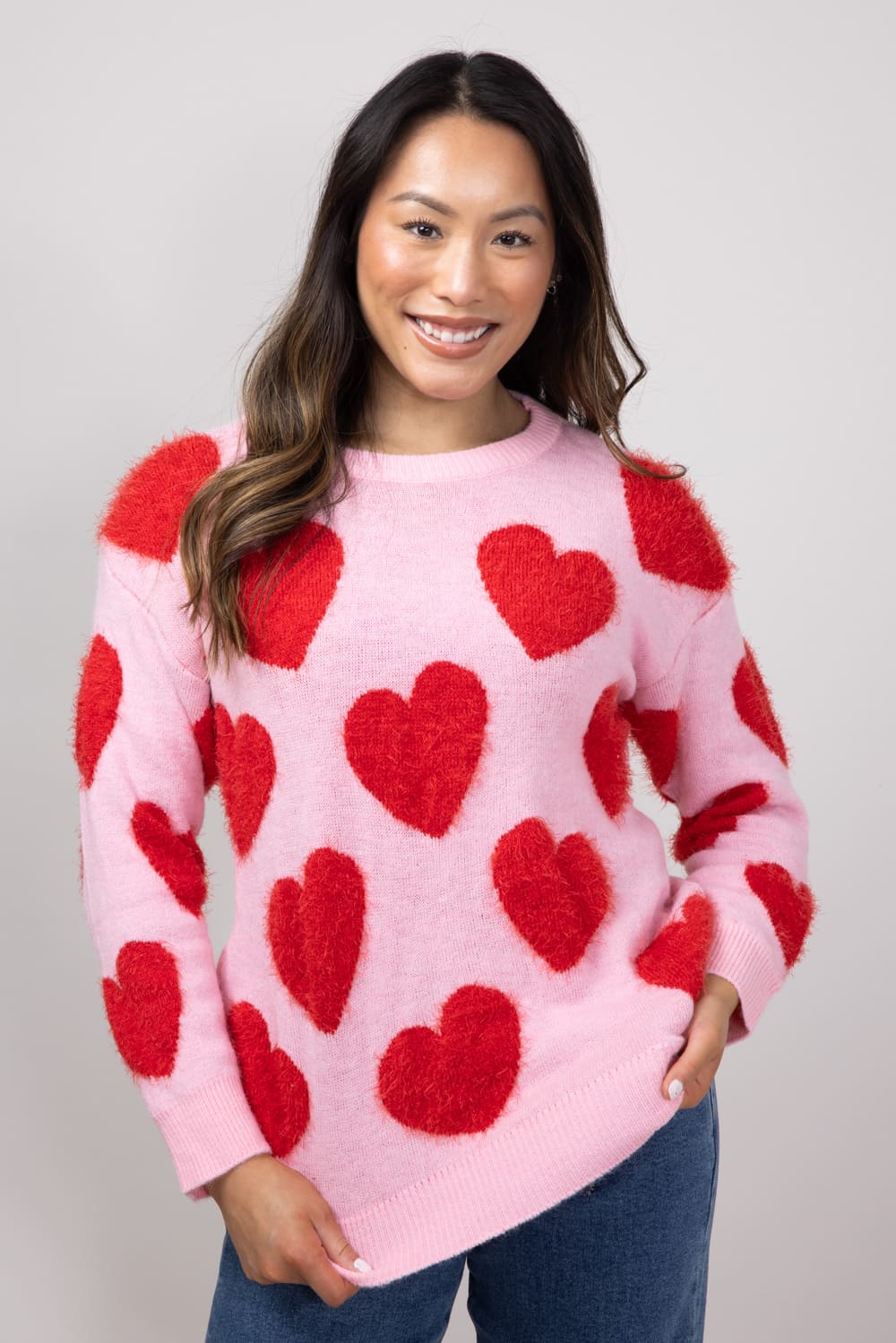 Simply Southern Fuzzy Heart Sweater for Women in Pink PP-0224