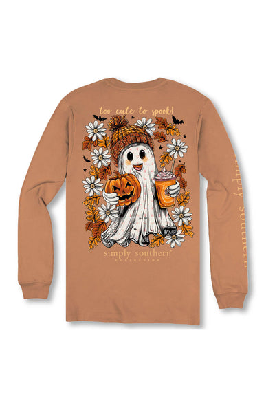 Simply Southern Womens Shirt Too Cute To Spook Long Sleeve T-Shirt for Women in Chestnut