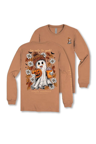 Simply Southern Womens Shirt Too Cute To Spook Long Sleeve T-Shirt for Women in Chestnut
