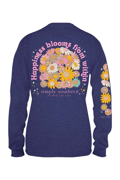Simply Southern Youth Long Sleeve Happiness Bloom T-Shirt for Girls in Denim Heather 