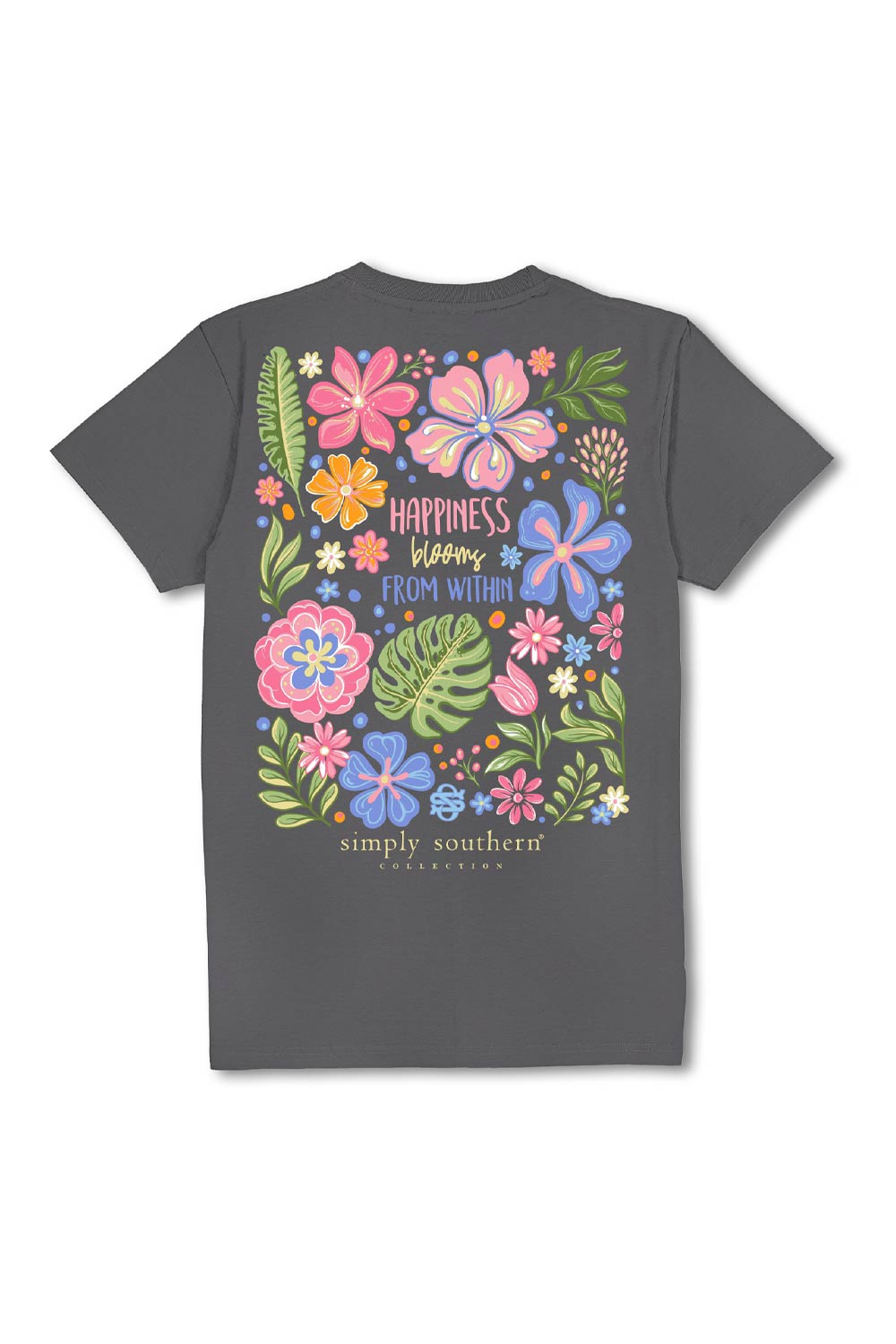 Simply Southern Plus Size Happiness Blooms T-Shirt for Women in Washed Charcoal 