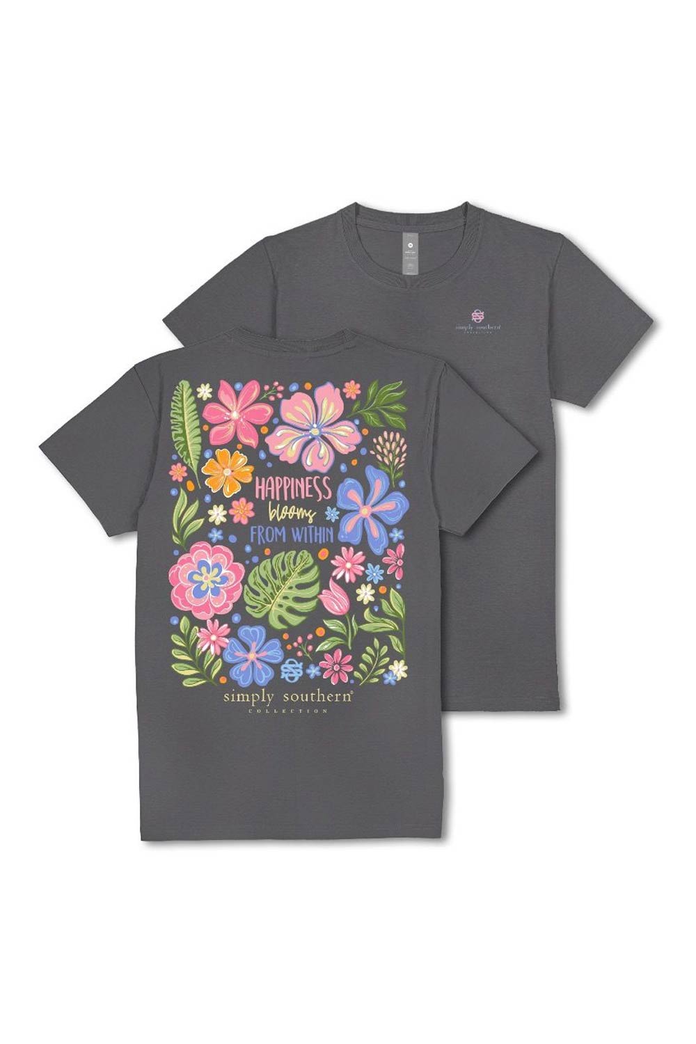 Simply Southern Plus Size Happiness Blooms T-Shirt for Women in Washed Charcoal 