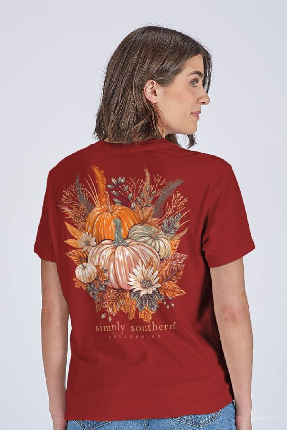 Simply Southern Womens Shirts Fall Pumpkin Harvest T-shirt for Women in Carmine