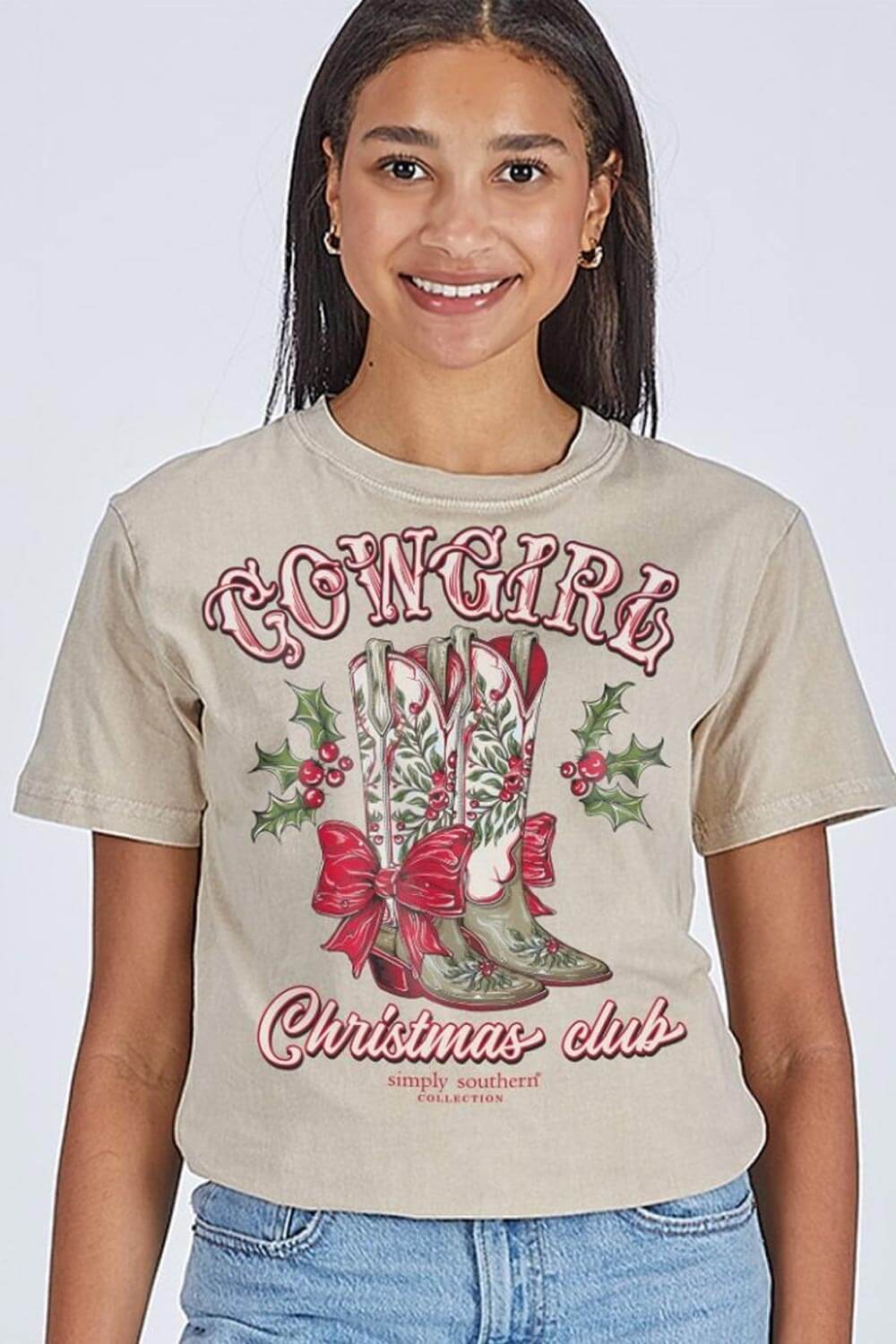 Simply Southern Cowgirl Christmas Club T-Shirt for Women in Beige