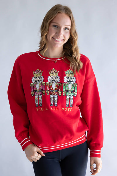 Simply Southern Holiday Nutcracker Varsity Crew Sweatshirt for Women in Red