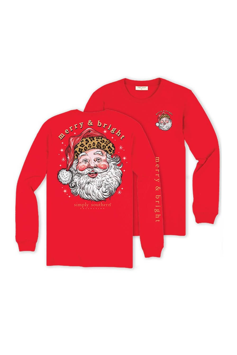 Simply Southern Leopard Hat Santa Long Sleeve T-Shirt for Women in Red