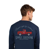 Mens Simply Southern Long Sleeve Red Truck T-Shirt for Men in Blue