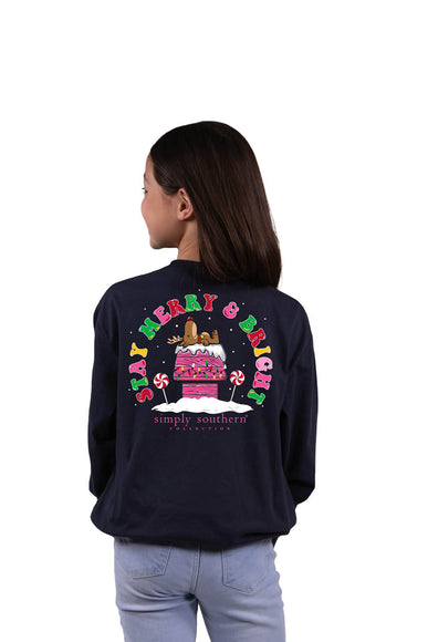 Simply Southern Youth Long Sleeve Merry & Bright T-Shirt for Girls in Blue