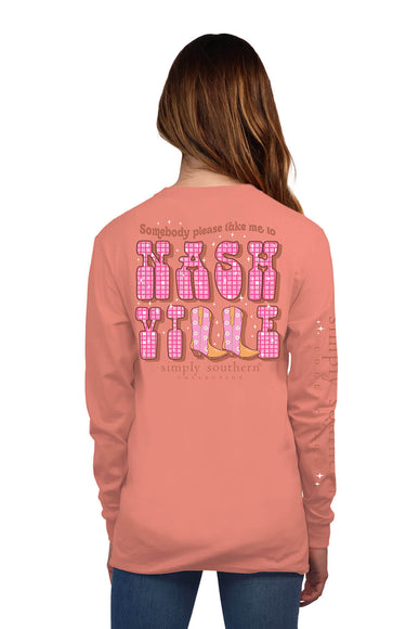 Simply Southern Long Sleeve Take Me To Nashville T-Shirt for Women in Peach