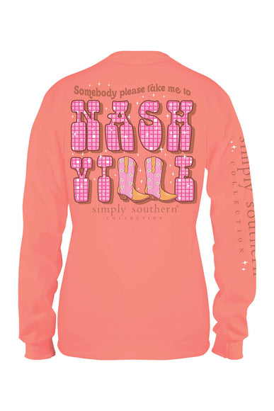 Simply Southern Long Sleeve Take Me To Nashville T-Shirt for Women in Peach